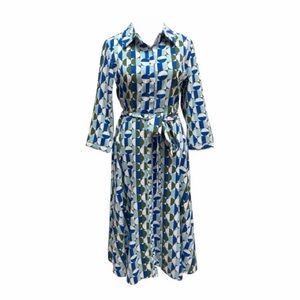 Retro Style Geometric Shirt Midi Dress with Tie Waist in Blues & Green